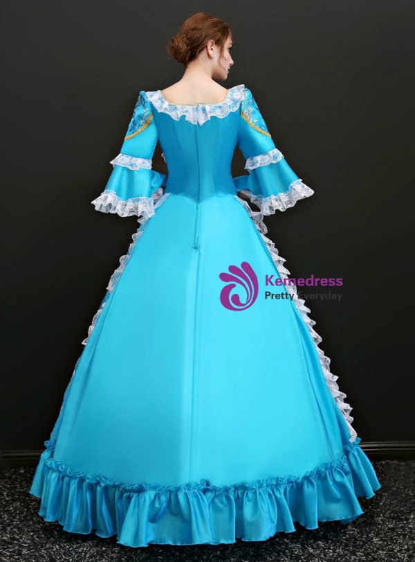 Shop 2019 Long & Short Blue Ball Gown Satin Square Puff Sleeve Appliques Drama Show Vintage Gown Dress With Factory Price From Kemedress
