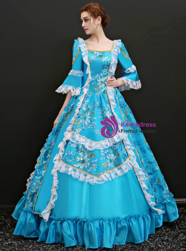 Shop 2019 Long & Short Blue Ball Gown Satin Square Puff Sleeve Appliques Drama Show Vintage Gown Dress With Factory Price From Kemedress