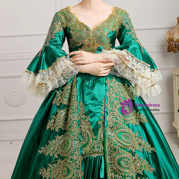 Shop 2019 Long & Short Green Ball Gown Satin Appliques Puff Sleeve Drama Show Vintage Gown Dress With Factory Price From Kemedress