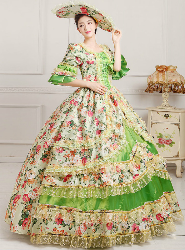Shop 2019 Long & Short Green Ball Gown Print Puff Sleeve Drama Show Vintage Gown Dress With Crystal With Factory Price From Kemedress
