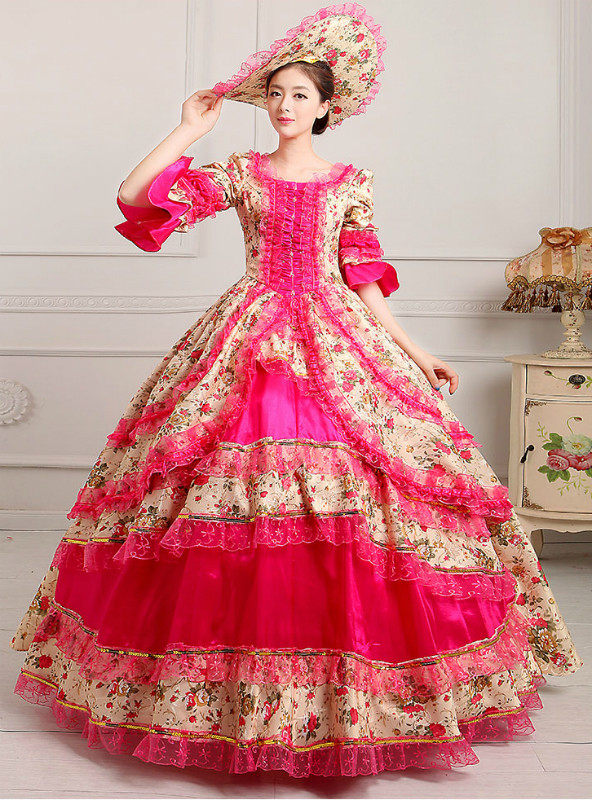 Shop 2019 Long & Short Fuchsia Ball Gown Print Puff Sleeve Drama Show Vintage Gown Dress With Crystal With Factory Price From Kemedress