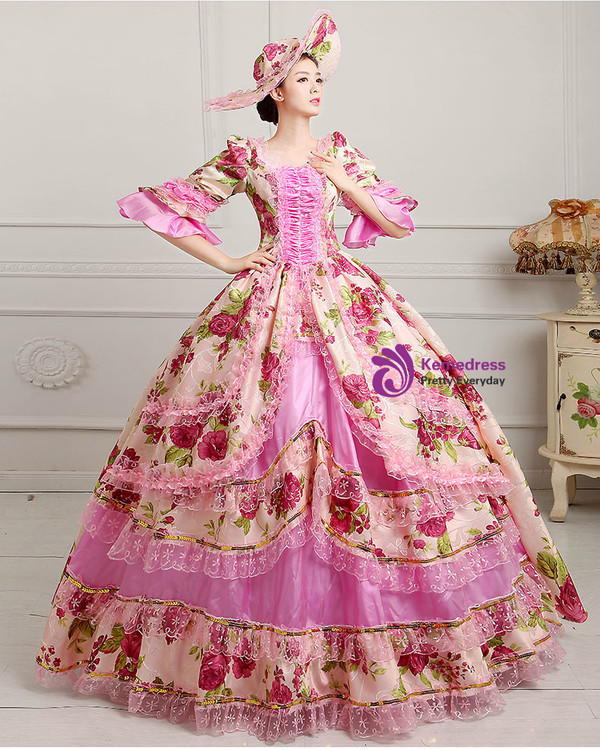 Shop 2019 Long & Short Pink Ball Gown Print Puff Sleeve Drama Show Vintage Gown Dress With Crystal With Factory Price From Kemedress