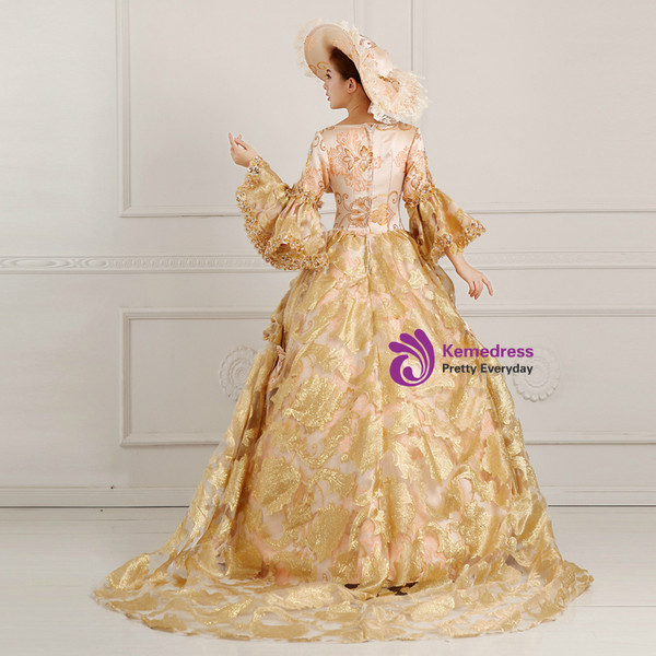 Shop 2019 Long & Short Champagne Ball Gown Sequins V-neck Puff Sleeve Vintage Gown Dress  With Factory Price From Kemedress