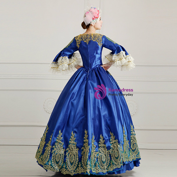 Shop 2019 Long & Short Blue  Ball Gown Satin Appliques Puff Sleeve Drama Show Vintage Gown Dress With Factory Price From Kemedress
