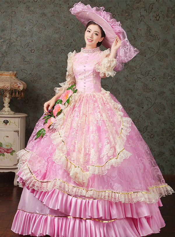 Shop 2019 Long & Short Pink Ball Gown Satin High Neck Short Sleeve Drama Show Vintage Gown Dress With Factory Price From Kemedress