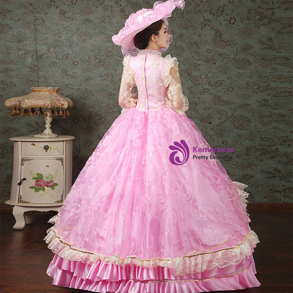 Shop 2019 Long & Short Pink Ball Gown Satin High Neck Short Sleeve Drama Show Vintage Gown Dress With Factory Price From Kemedress