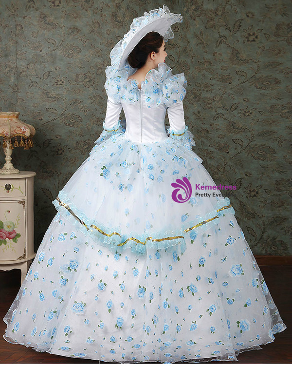 Shop 2019 Long & Short Blue Print Ball Gown Lace Short Sleeve Drama Show Vintage Gown Dress With Factory Price From Kemedress