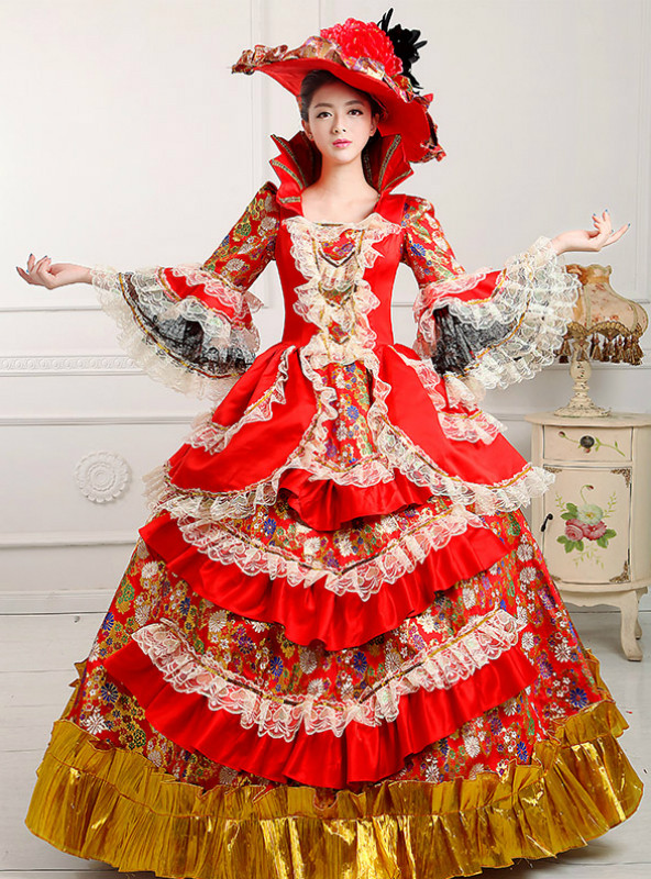 Shop 2019 Long & Short Red Ball Gown Satin Print Puff Sleeve Drama Show Vintage Gown Dress With Factory Price From Kemedress