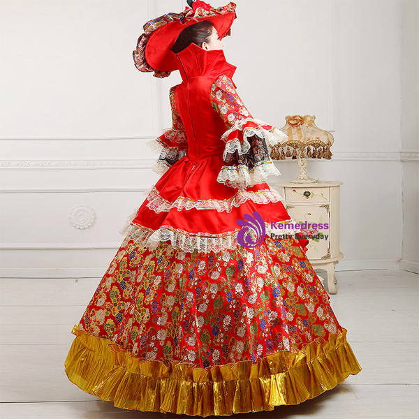 Shop 2019 Long & Short Red Ball Gown Satin Print Puff Sleeve Drama Show Vintage Gown Dress With Factory Price From Kemedress