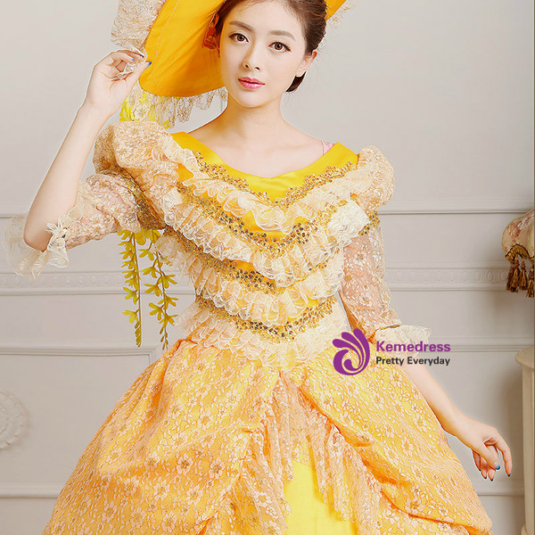 Shop 2019 Long & Short Yellow Ball Gown Satin Lace Short Sleeve Drama Show Vintage Gown Dress With Factory Price From Kemedress