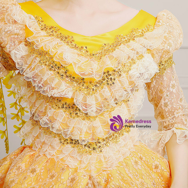 Shop 2019 Long & Short Yellow Ball Gown Satin Lace Short Sleeve Drama Show Vintage Gown Dress With Factory Price From Kemedress