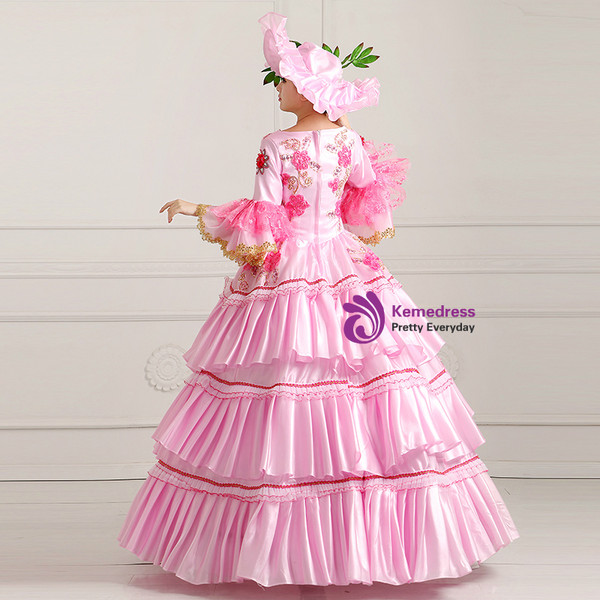 Shop 2019 Long & Short Pink Ball Gown Satin Puff Sleeve Sequins Drama Show Vintage Gown Dress With Factory Price From Kemedress