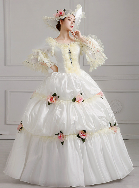 Shop 2019 Long & Short White Ball Gown Puff Sleeve With Flower Drama Show Vintage Gown Dress With Factory Price From Kemedress