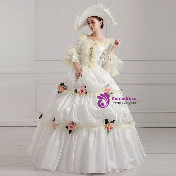 Shop 2019 Long & Short White Ball Gown Puff Sleeve With Flower Drama Show Vintage Gown Dress With Factory Price From Kemedress