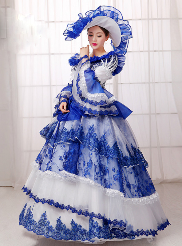Shop 2019 Long & Short White Tulle Blue Lace Puff Sleeve Drama Show Vintage Gown Dress With Factory Price From Kemedress