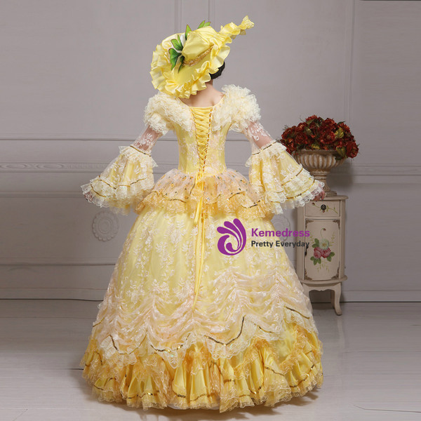 Shop 2019 Long & Short Yellow Ball Gown Lace Puff Sleeve Drama Show Vintage Gown Dress With Factory Price From Kemedress