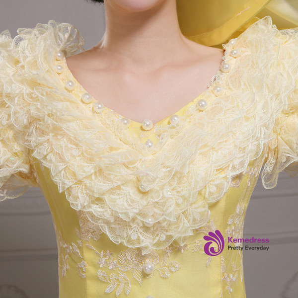 Shop 2019 Long & Short Yellow Ball Gown Lace Puff Sleeve Drama Show Vintage Gown Dress With Factory Price From Kemedress