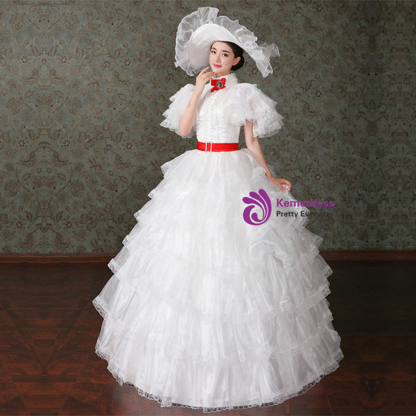 Shop 2019 Long & Short White Ball Gown Tulle Ruffle High Neck Puff Sleeve Drama Show Vintage Gown Dress With Factory Price From Kemedress