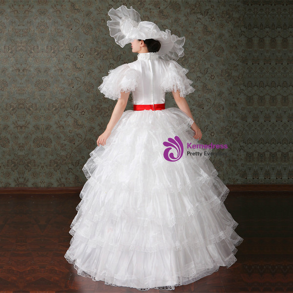 Shop 2019 Long & Short White Ball Gown Tulle Ruffle High Neck Puff Sleeve Drama Show Vintage Gown Dress With Factory Price From Kemedress