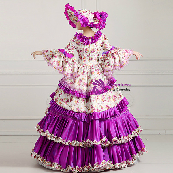 Shop 2019 Long & Short Purple Ball Gown Print Satin Puff Sleeve Drama Show Vintage Gown Dress With Factory Price From Kemedress