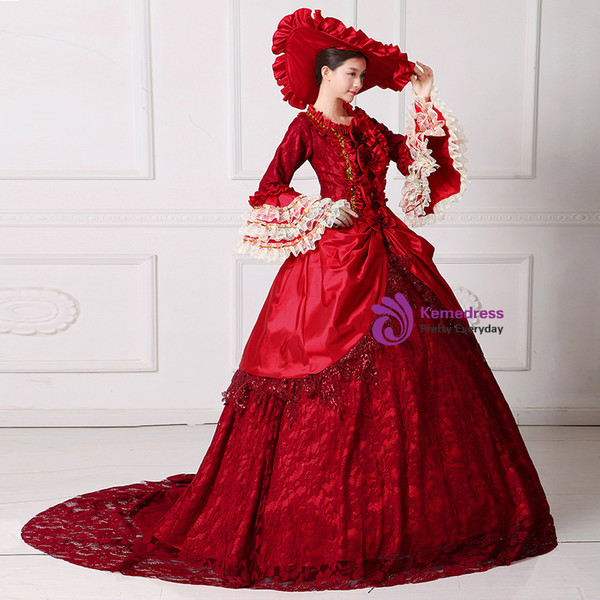 Shop 2019 Long & Short Red Ball Gown Satin Lace Puff Sleeve With Bow Drama Show Vintage Gown Dress With Factory Price From Kemedress