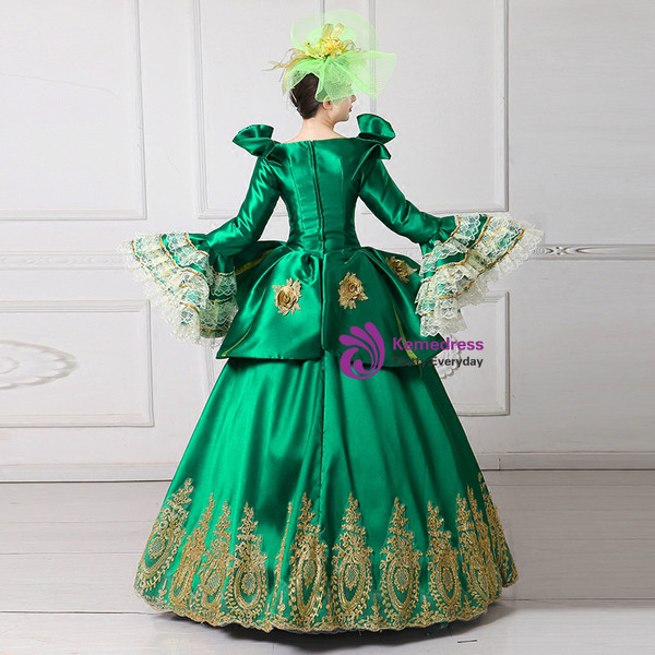 Shop 2019 Long & Short Green Ball Gown Satin Long Sleeve Appliques Drama Show Vintage Gown Dress With Factory Price From Kemedress