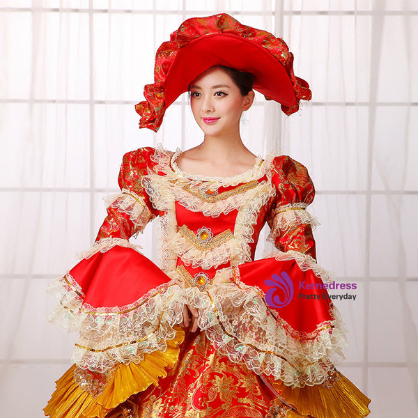 Shop 2019 Long & Short Gold And Red Satin Print Puff Sleeve Drama Show Vintage Gown Dress With Factory Price From Kemedress