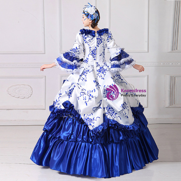 Shop 2019 Long & Short Blue White Ball Gown Satin Print Puff Sleeve Vintage Gown Dress With Factory Price From Kemedress