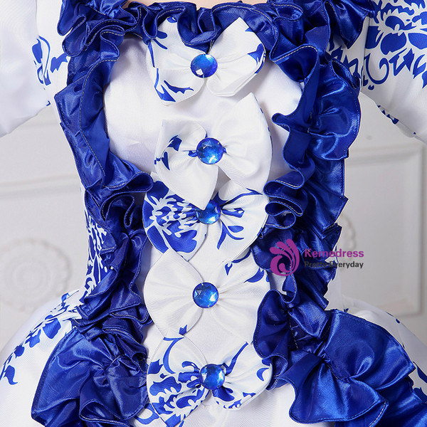 Shop 2019 Long & Short Blue White Ball Gown Satin Print Puff Sleeve Vintage Gown Dress With Factory Price From Kemedress