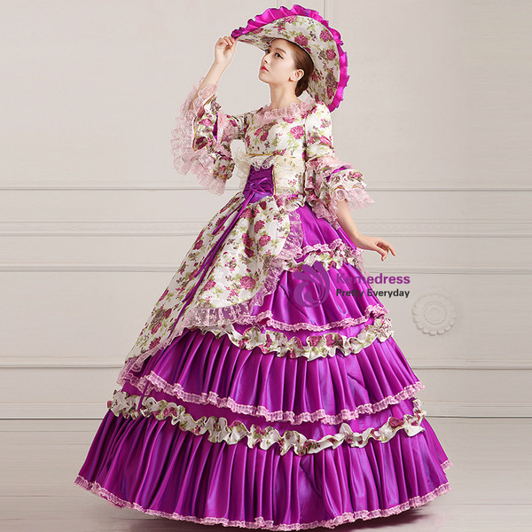 Shop 2019 Long & Short Purple Ball Gown Satin Print Puff Sleeve Drama Show Vintage Gown Dress With Factory Price From Kemedress