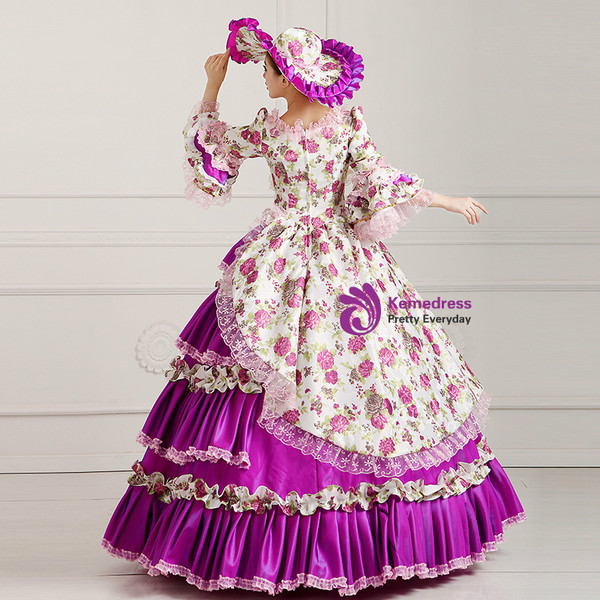 Shop 2019 Long & Short Purple Ball Gown Satin Print Puff Sleeve Drama Show Vintage Gown Dress With Factory Price From Kemedress
