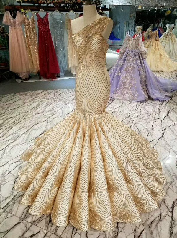 Shop 2019 Long & Short Champagne Gold Meramid One Shoulder Sequins Wedding Dress With Factory Price From Kemedress