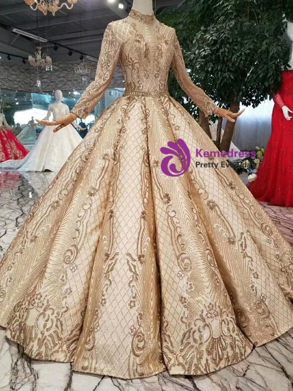 Shop 2019 Long & Short Champagne Gold Ball Gown Sequins High Neck Long Sleeve Wedding Dress With Factory Price From Kemedress