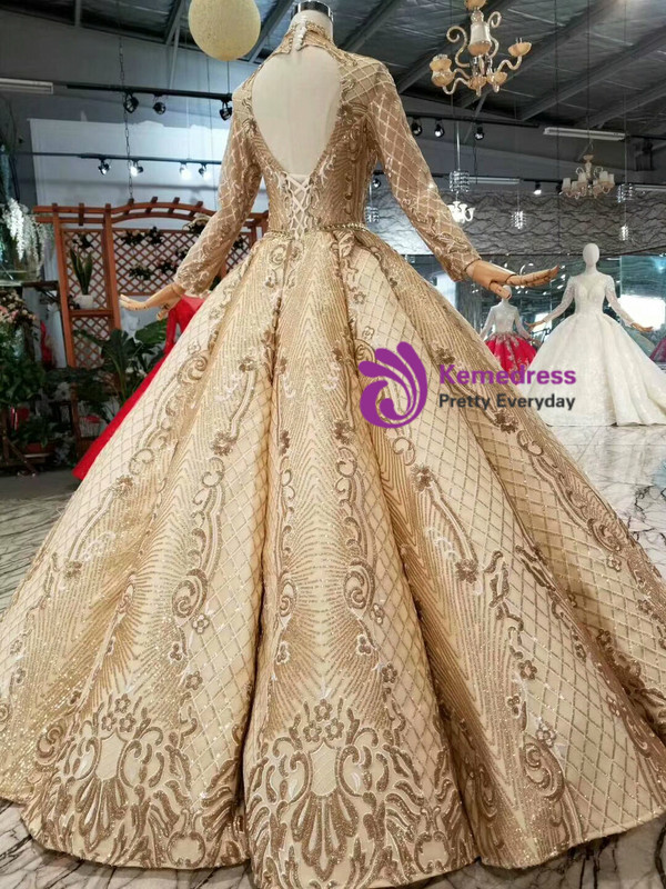 Shop 2019 Long & Short Champagne Gold Ball Gown Sequins High Neck Long Sleeve Wedding Dress With Factory Price From Kemedress