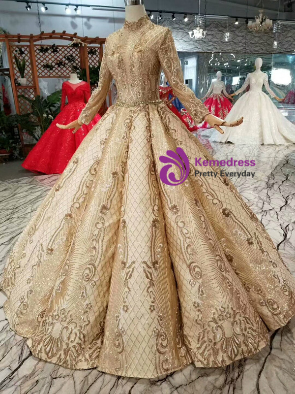 Shop 2019 Long & Short Champagne Gold Ball Gown Sequins High Neck Long Sleeve Wedding Dress With Factory Price From Kemedress