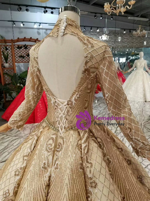 Shop 2019 Long & Short Champagne Gold Ball Gown Sequins High Neck Long Sleeve Wedding Dress With Factory Price From Kemedress