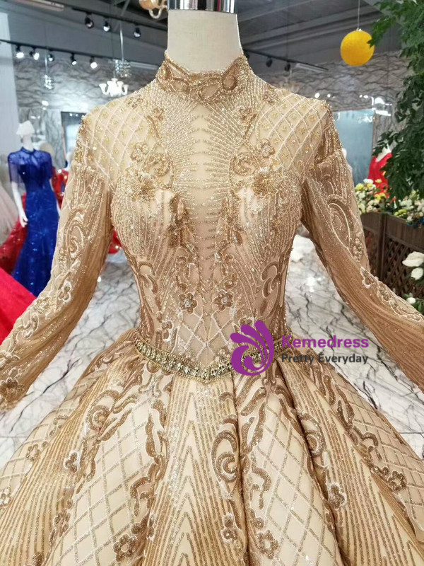 Shop 2019 Long & Short Champagne Gold Ball Gown Sequins High Neck Long Sleeve Wedding Dress With Factory Price From Kemedress