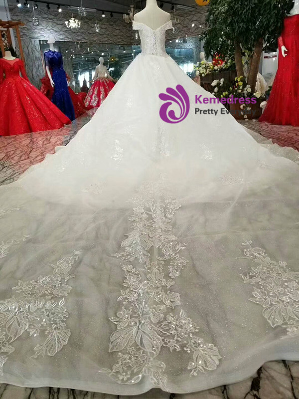 Shop 2019 Long & Short Ball Gown Sequins Off The Shoulder Appliques Wedding Dress With Removable Train With Factory Price From Kemedress
