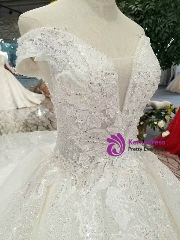 Shop 2019 Long & Short Ball Gown Sequins Off The Shoulder Appliques Wedding Dress With Removable Train With Factory Price From Kemedress
