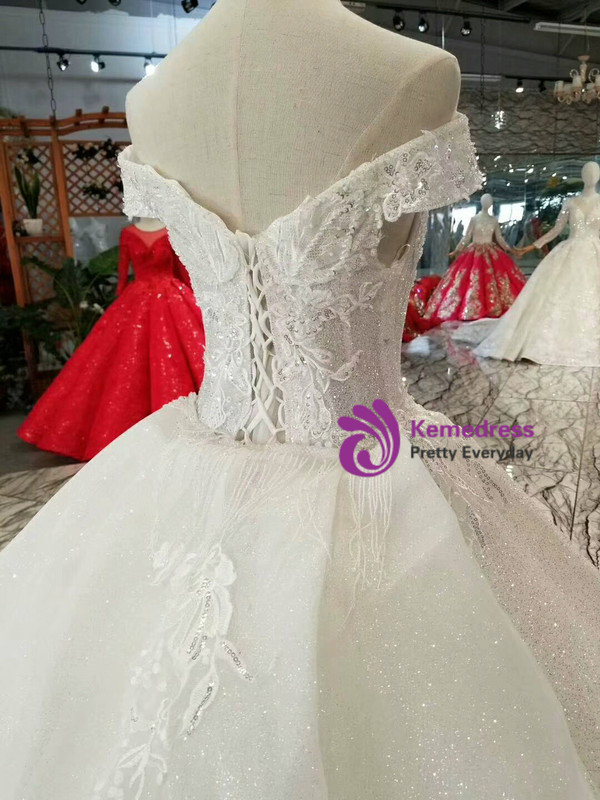 Shop 2019 Long & Short Ball Gown Sequins Off The Shoulder Appliques Wedding Dress With Removable Train With Factory Price From Kemedress