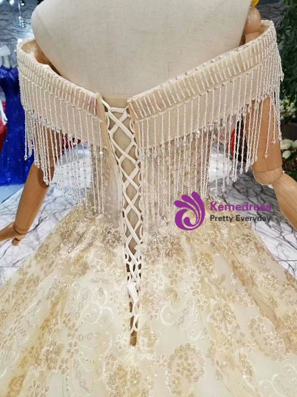 Shop 2019 Long & Short Champagne Ball Gown Lace Off The Shoulder With Beading Wedding Dress With Factory Price From Kemedress