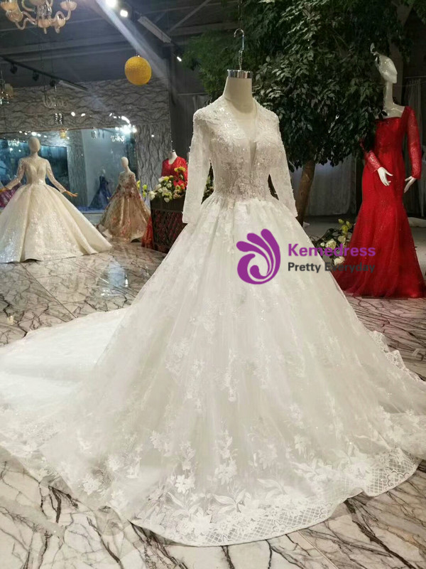 Shop 2019 Long & Short Ball Gown Tulle Lace V-neck Long Sleeve Wedding Dress With Beading  With Factory Price From Kemedress