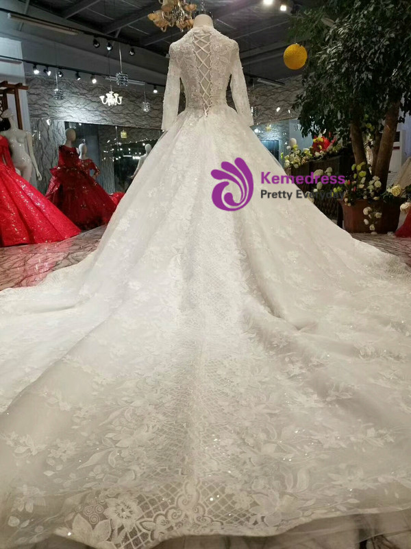 Shop 2019 Long & Short Ball Gown Tulle Lace V-neck Long Sleeve Wedding Dress With Beading  With Factory Price From Kemedress