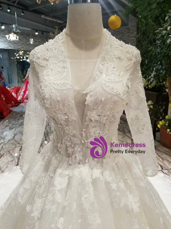 Shop 2019 Long & Short Ball Gown Tulle Lace V-neck Long Sleeve Wedding Dress With Beading  With Factory Price From Kemedress