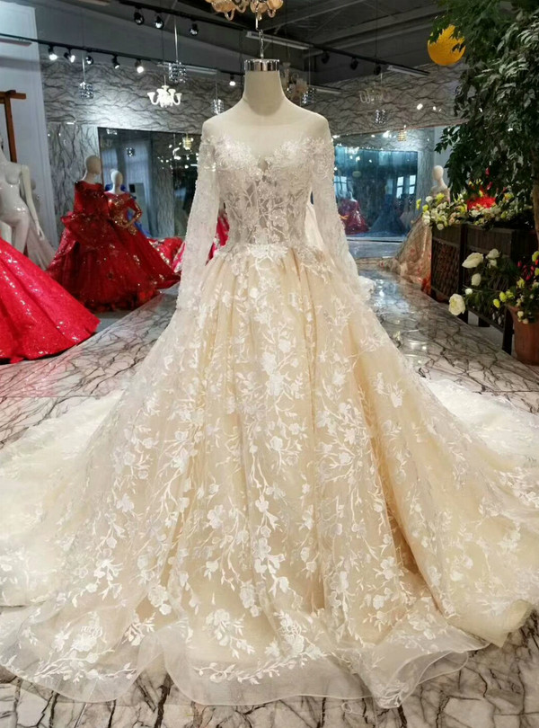 Shop 2019 Long & Short Champagne Tulle Appliques Bateau Long Sleeve Backless Wedding Dress With Factory Price From Kemedress