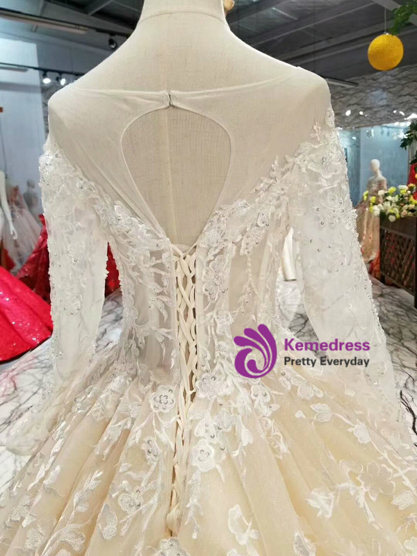 Shop 2019 Long & Short Champagne Tulle Appliques Bateau Long Sleeve Backless Wedding Dress With Factory Price From Kemedress