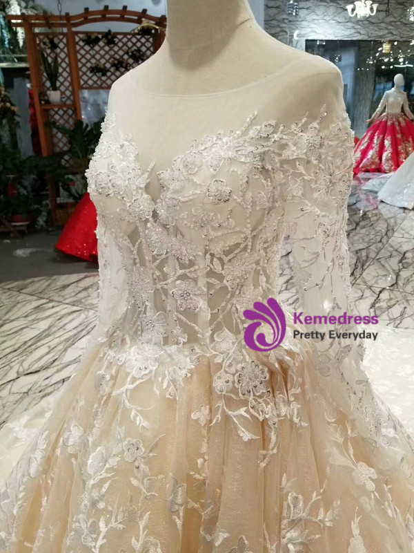 Shop 2019 Long & Short Champagne Tulle Appliques Bateau Long Sleeve Backless Wedding Dress With Factory Price From Kemedress