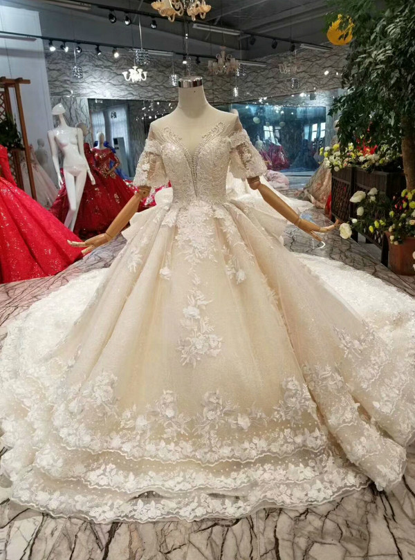 Shop 2019 Long & Short Champagne Ball Gown Tulle Lace Puff Sleeve Backless Wedding Dress With Beading With Factory Price From Kemedress