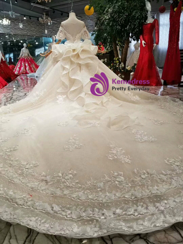 Shop 2019 Long & Short Champagne Ball Gown Tulle Lace Puff Sleeve Backless Wedding Dress With Beading With Factory Price From Kemedress