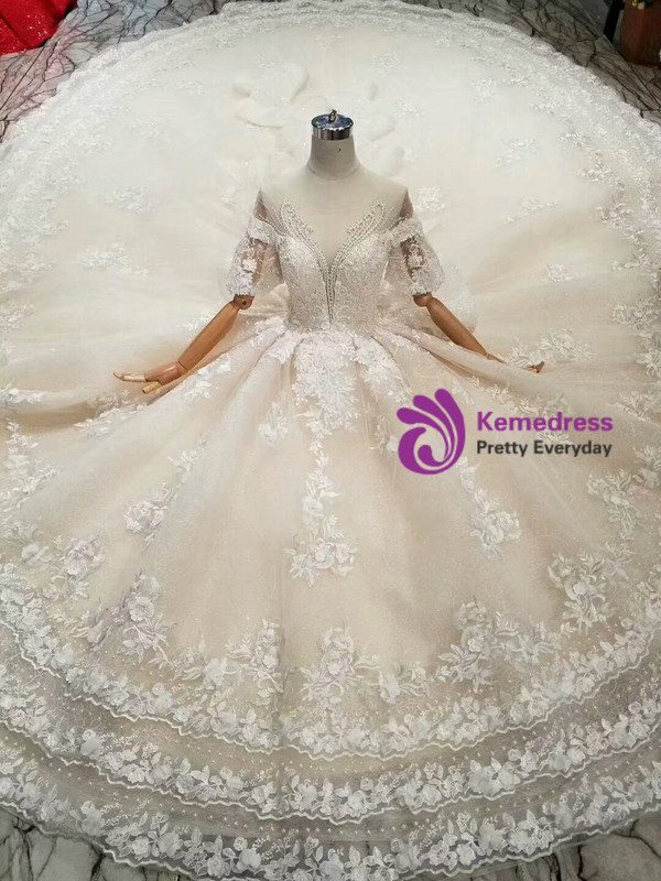 Shop 2019 Long & Short Champagne Ball Gown Tulle Lace Puff Sleeve Backless Wedding Dress With Beading With Factory Price From Kemedress